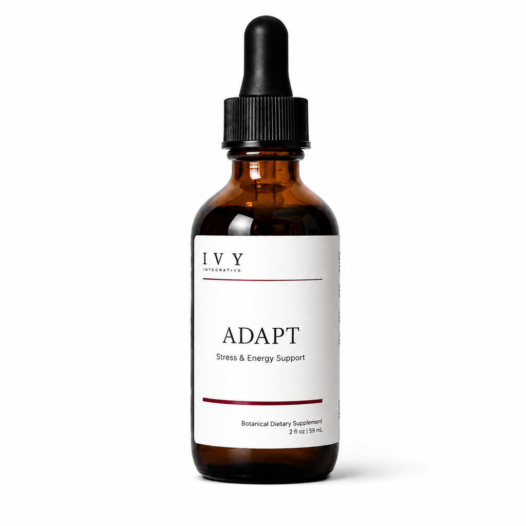 Brown glass bottle with dropper labeled 'IVY' on a white background