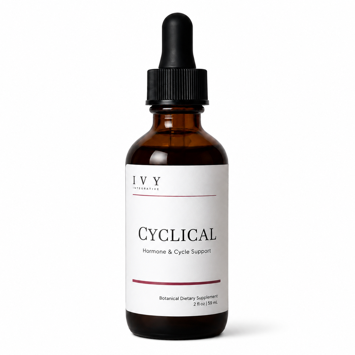 Brown glass bottle with dropper labeled 'Cyclical' on a white background