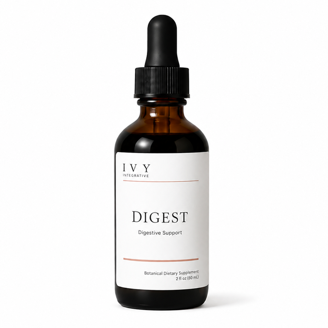 Brown glass bottle with dropper labeled 'IVY' on a white background