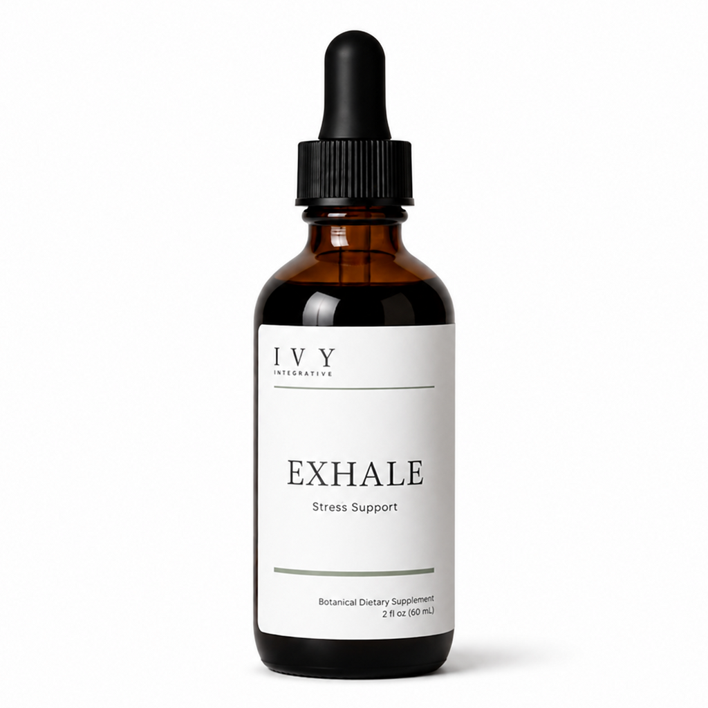 Bottle of IVY EXHALE Stress Support supplement on a white background
