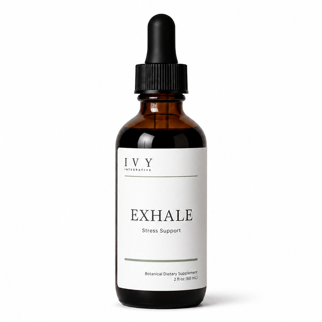 Bottle of IVY EXHALE Stress Support supplement on a white background