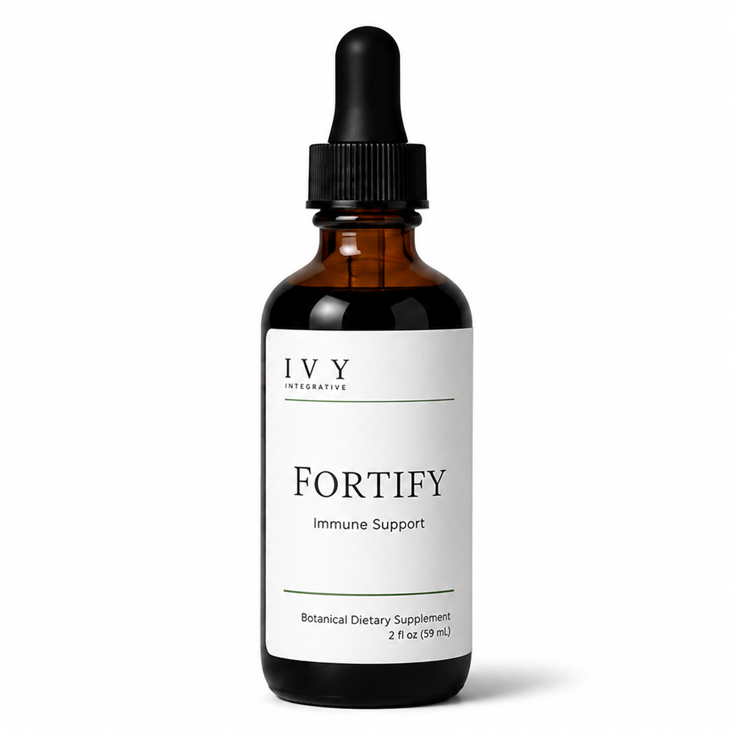Bottle of IVY Fortify immune support supplement on a white background
