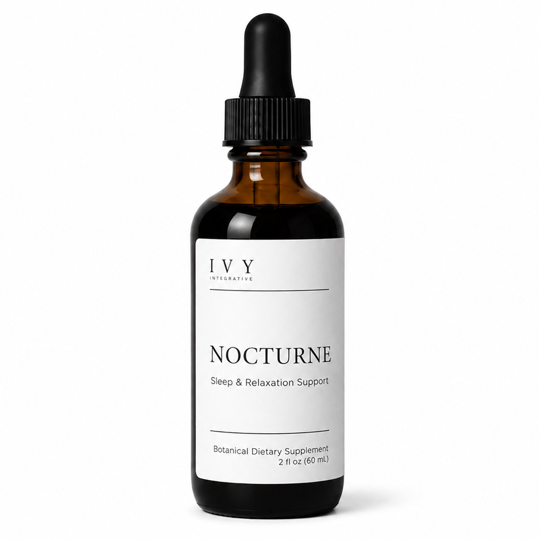 Bottle of IVY Nocturne supplement with dropper on a white background