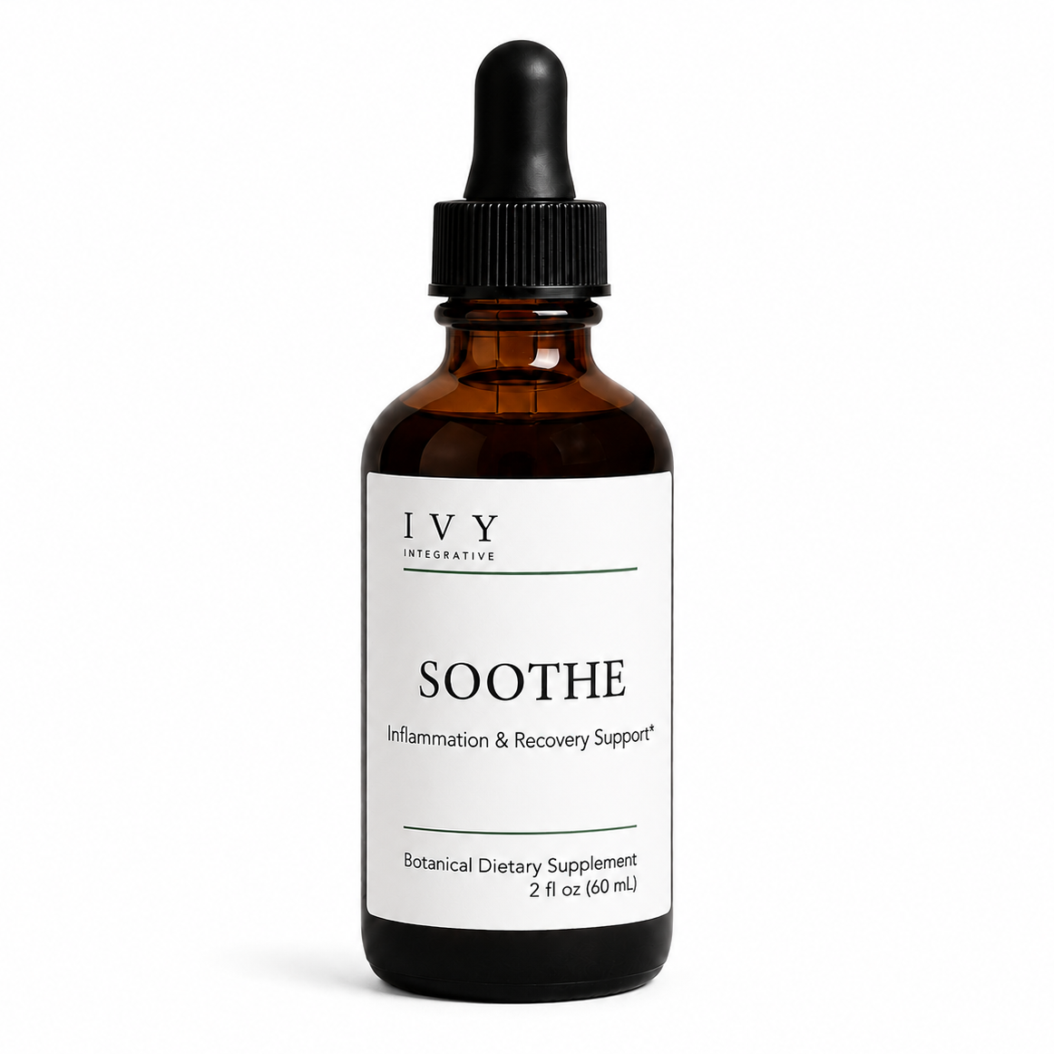 Brown glass bottle with dropper labeled 'Soothe' by IVY Interactive on a white background