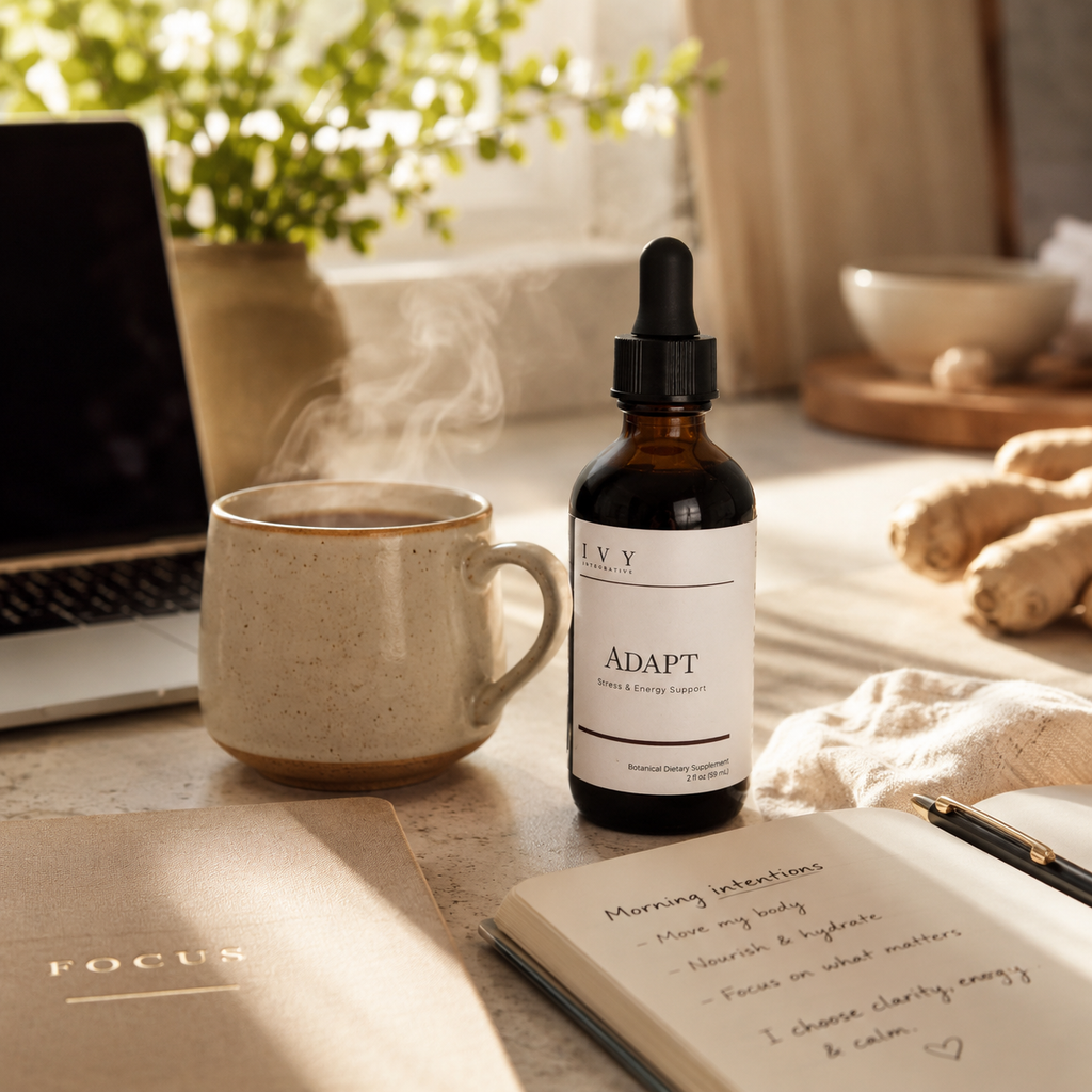 Bottle of IVY Adapt supplement next to a mug of coffee and a notebook on a desk.
