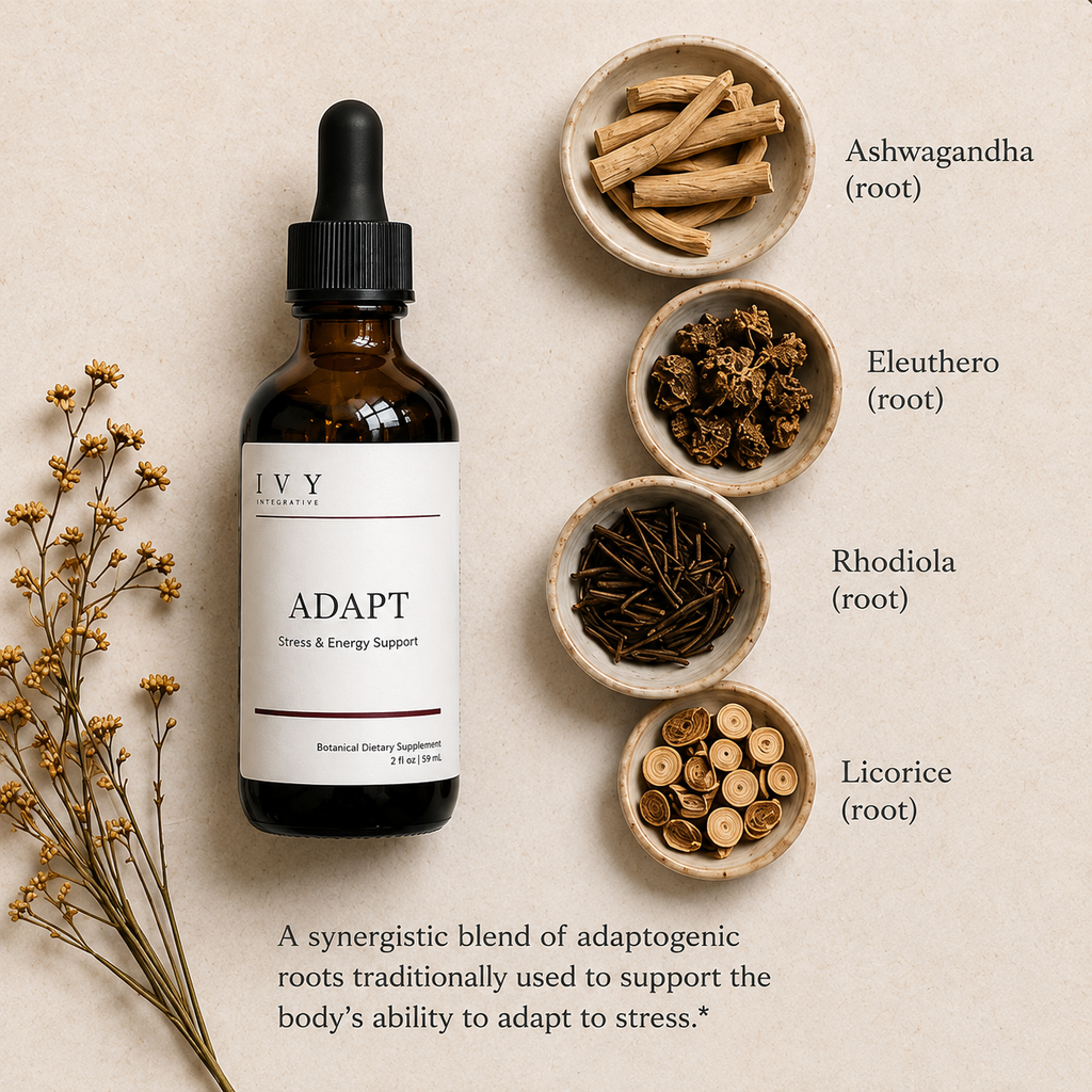 IVY Adapt supplement bottle with adaptogenic roots on a beige background