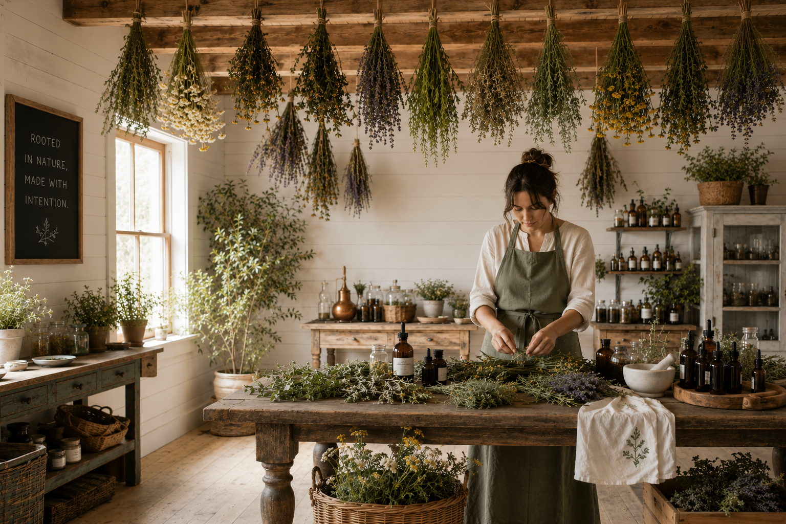 Woman in a kitchen with herbs hanging from the ceiling and a table full of plants and bottles.